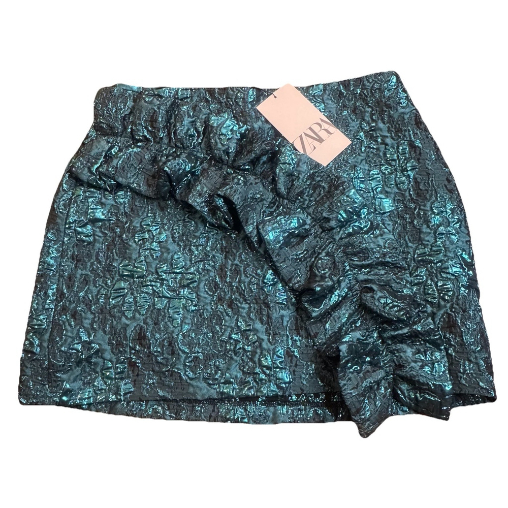 NWT Zara Teal Metallic Ruffle Mini Skirt Size:XS Crinkle Jacquard Texture